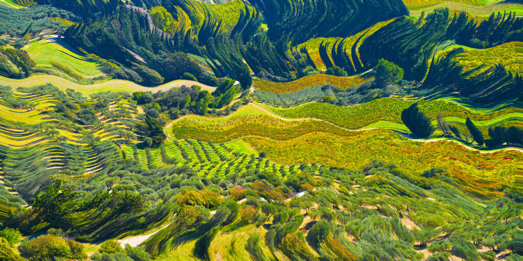 Photographie « Provence », série Photo Raku® de Sabine Chabot : Paysage de Provence interprété façon photo Raku® qui s’inspire de l’impressionnisme, évoquant le mouvement et la vibration des couleurs à la manière de Van Gogh ou de Raku® Toscane .
