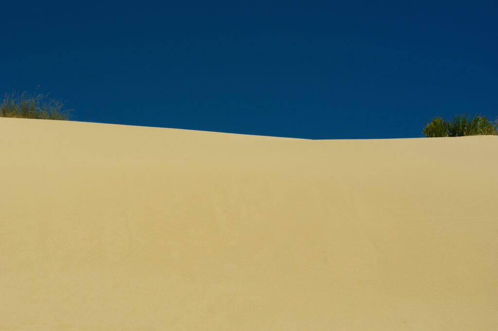 Photographie « Seuil », série Horizons de Sabine Chabot. La ligne d’une dune blonde découpe le bleu profond du ciel, réduisant le paysage à ses formes essentielles.